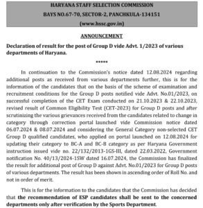 HSSC Group D Result 2024